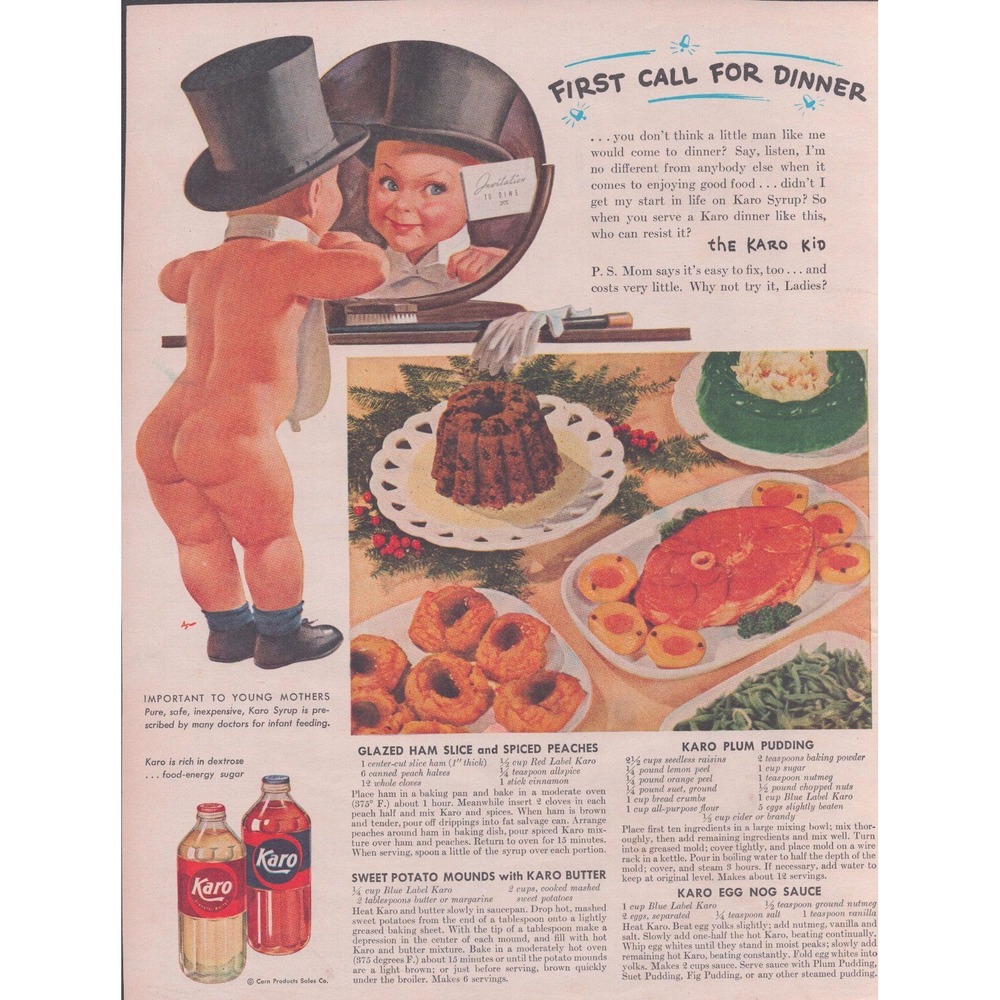 Vintage 1940s Karo Syrup Print Ad Karo Kid Illustration Holiday Recipes VG